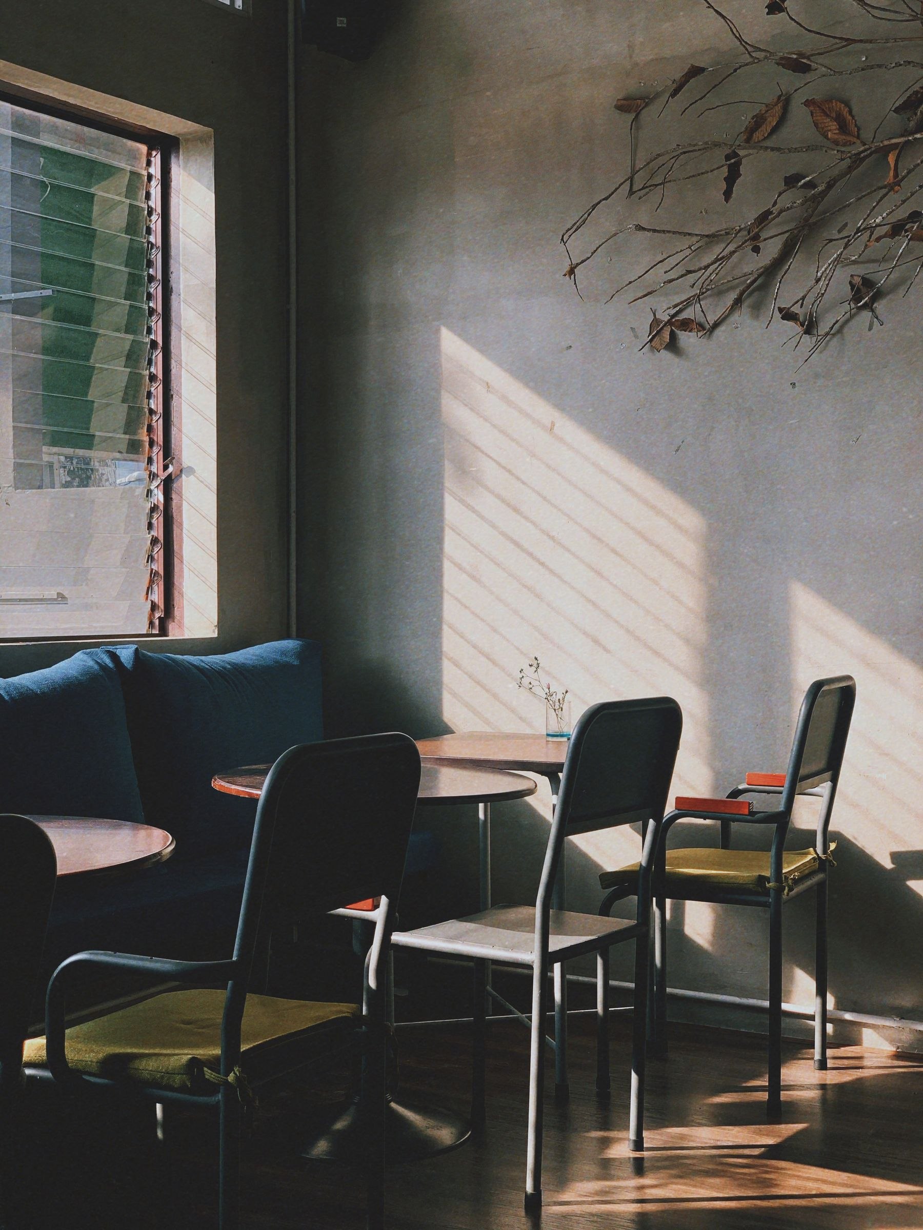 A sunlit cafe corner with warm terracotta walls