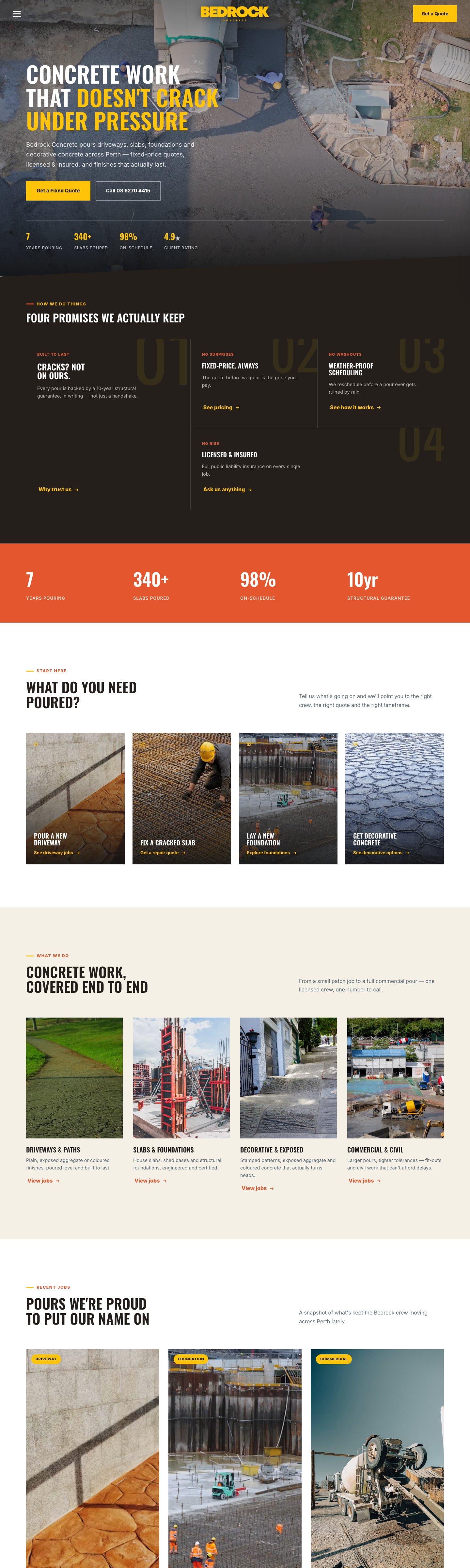 Bedrock Concrete website — licensed concreter across Perth, designed by Fusco Studio