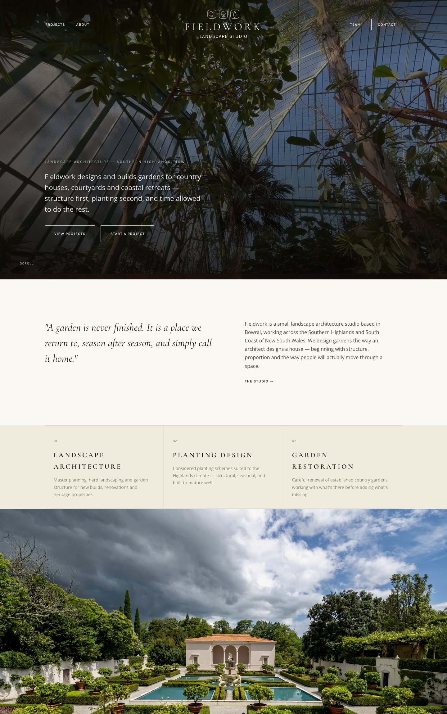 Fieldwork Landscapes website — landscaping business across Australia, designed by Fusco Studio
