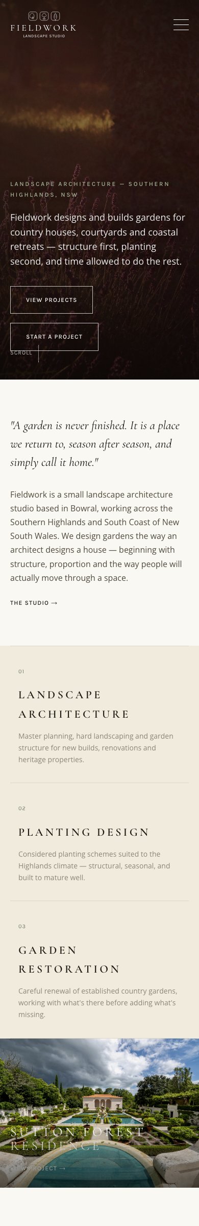 Fieldwork Landscapes website on mobile — landscaping business across Australia