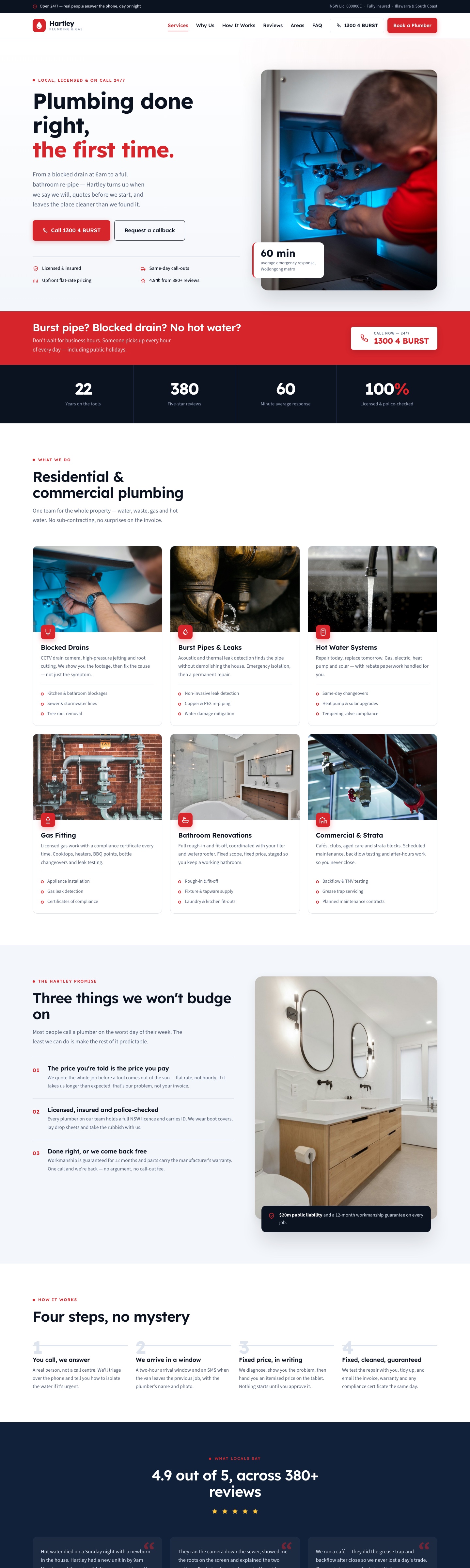 Hartley Plumbing & Gas website — 24/7 emergency plumber, designed by Fusco Studio