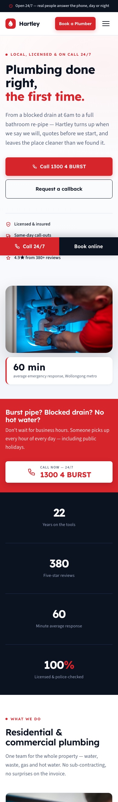 Hartley Plumbing & Gas website on mobile — 24/7 emergency plumber