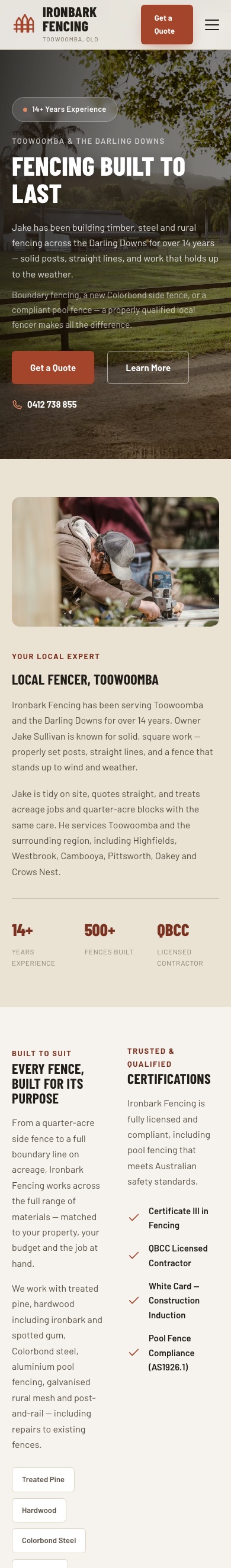 Ironbark Fencing website on mobile — fencer in Toowoomba