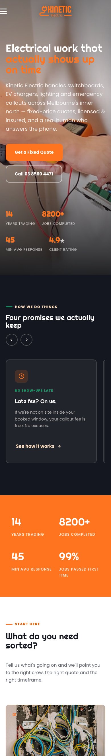 Kinetic Electric website on mobile — licensed electrician across Melbourne&rsquo;s inner north