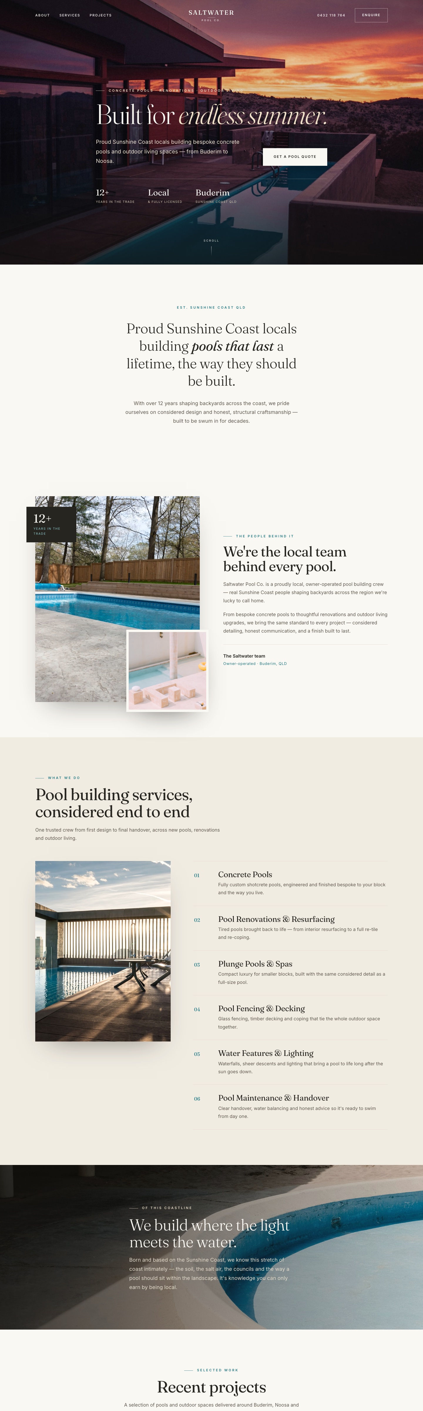 Saltwater Pool Co. website — concrete pool builder on the Sunshine Coast, designed by Fusco Studio