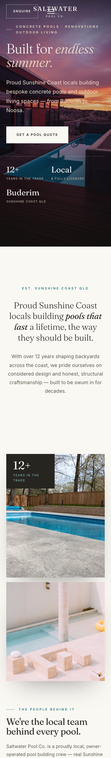 Saltwater Pool Co. website on mobile — concrete pool builder on the Sunshine Coast
