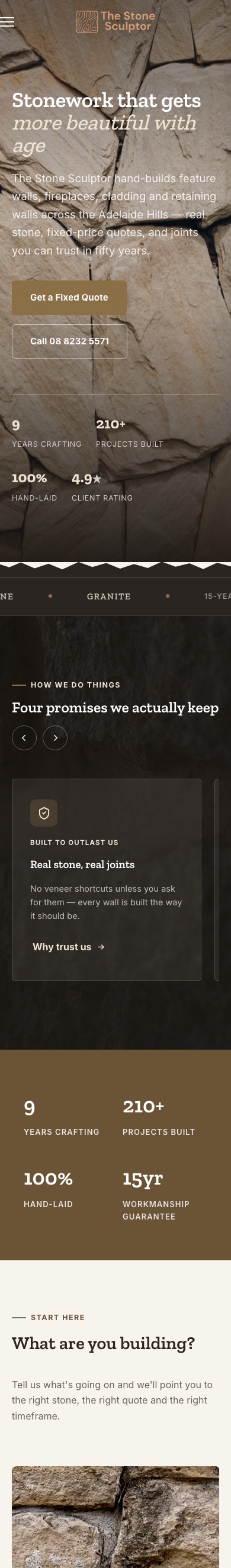 The Stone Sculpter website on mobile — stonemason in the Adelaide Hills