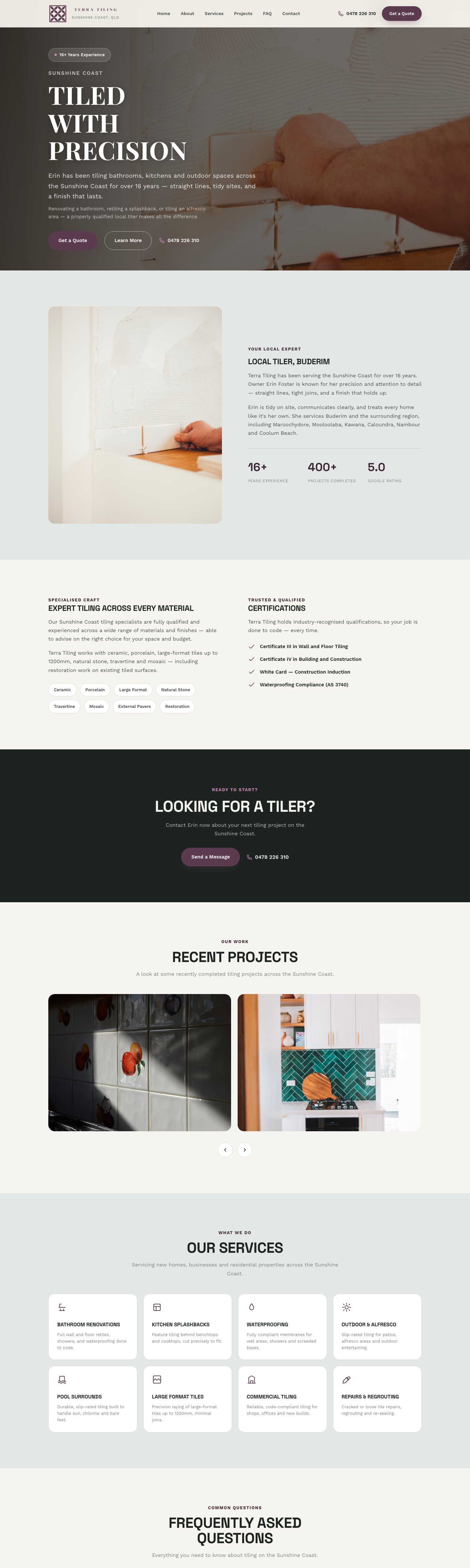 Terra Tiling website — qualified tiler on the Sunshine Coast, designed by Fusco Studio