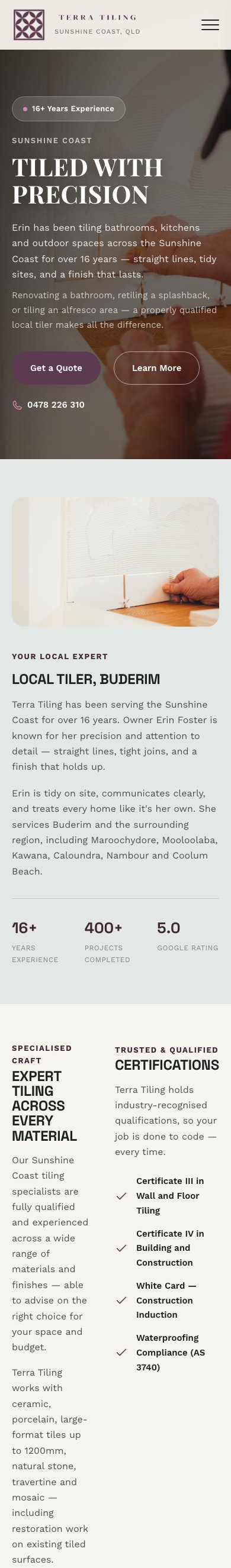 Terra Tiling website on mobile — qualified tiler on the Sunshine Coast